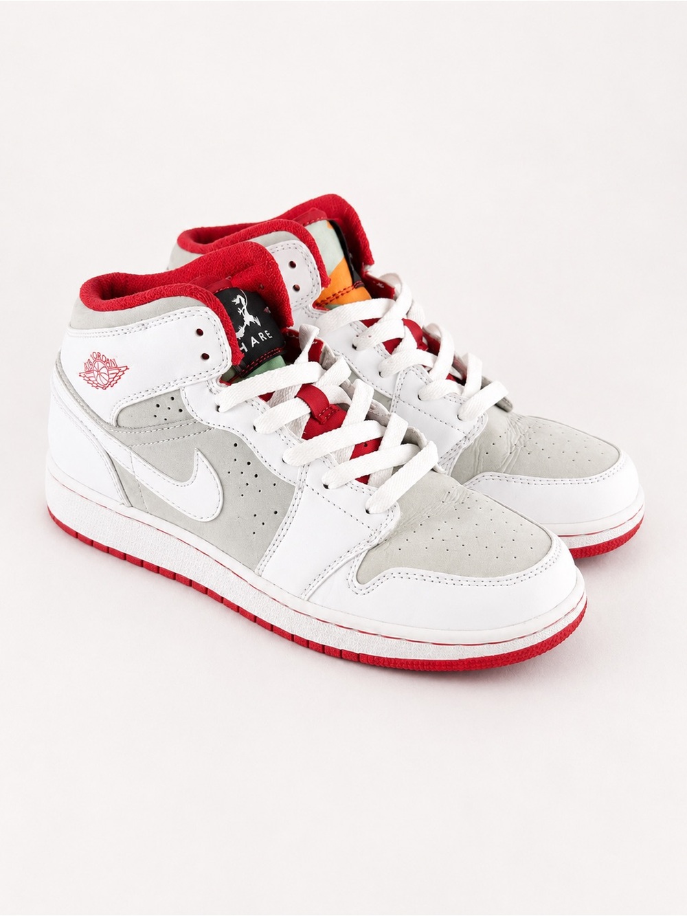 Size 6Y/7.5M- Jordan 1 Mid Hare White, Light Gray & Red